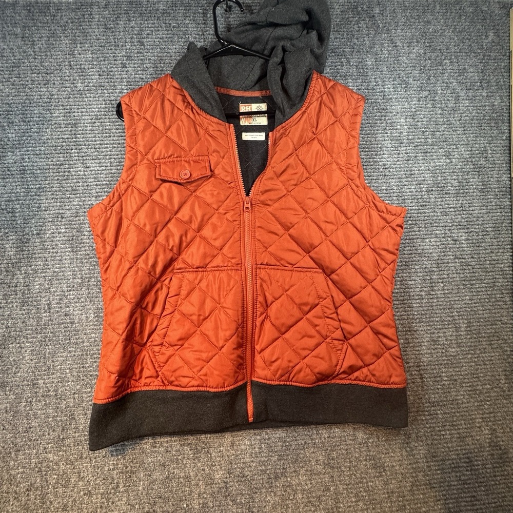 Ruff Hewn Quilted Vest With Hood Women's XL Full Zip Orange Herringbone Print